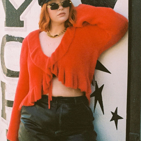 NEW CIDER RED SOLID FLUFFY BELL SLEEVE KNIT CROPPED CARDIGAN - Picture 3 of 7